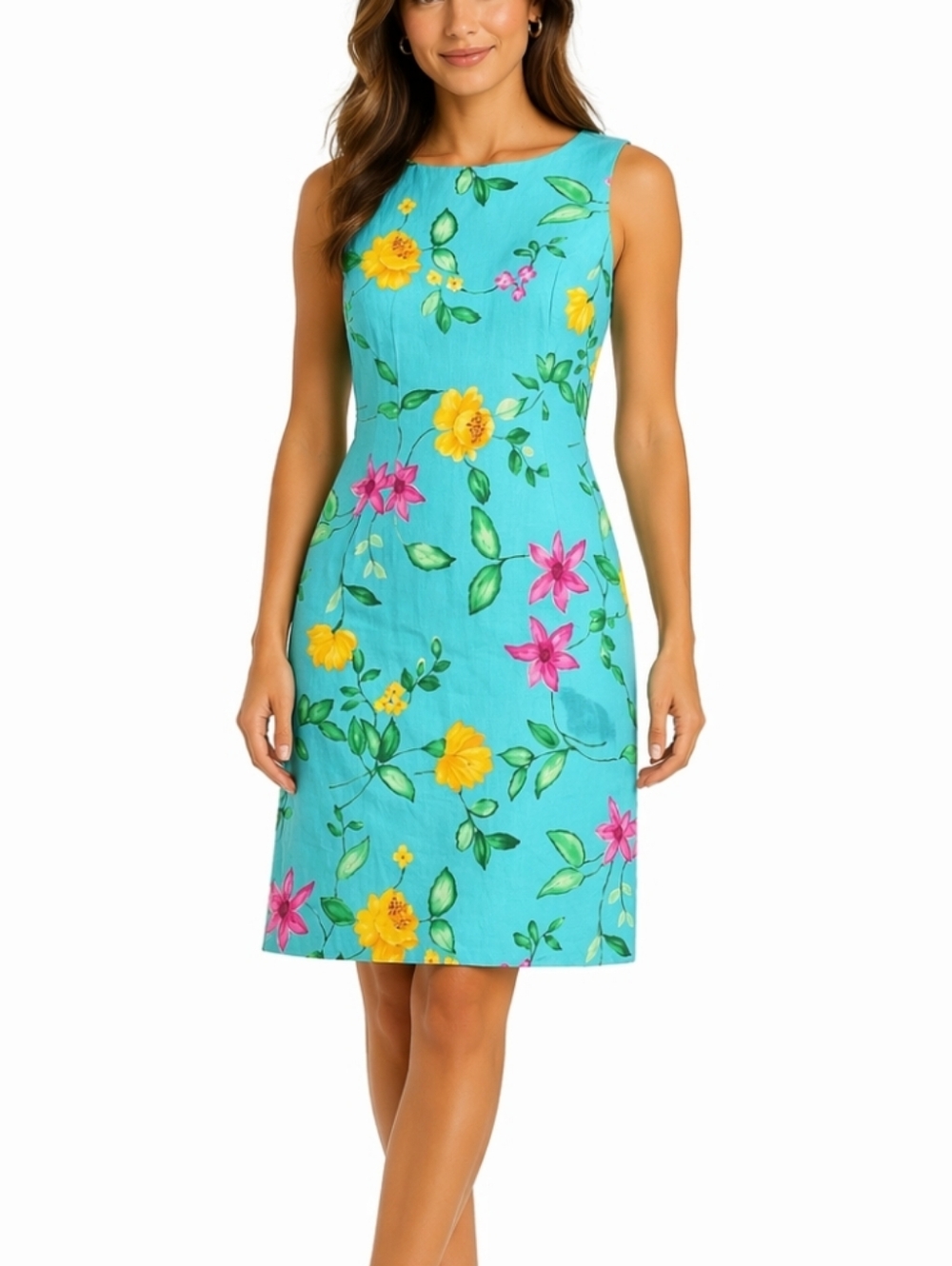 Talbots 100% Linen Bright Aqua Pink Yellow Floral Print Sleeveless Sheath Dress - Picture 1 of 16